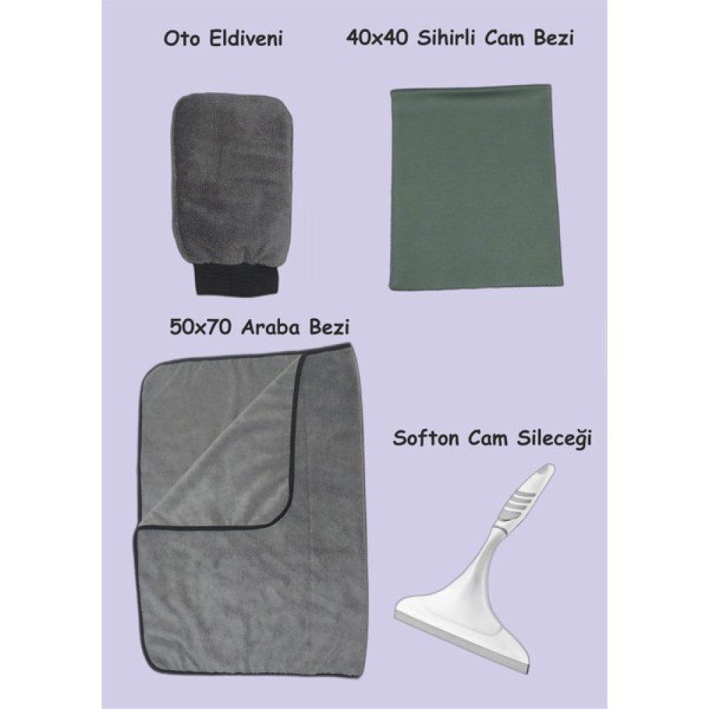 Manosta Fine Clean 4'lü Mikrofiber Oto Yıkama Kurulama Araba Silme Bezi + Cam Bezi + Oto Eldiveni + Silecek - 0315 Gri Oto Bakım Bezleri Fiyatı