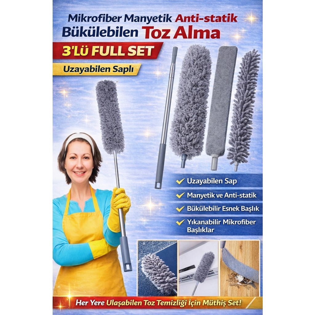 Manosta Mikrofiber Manyetik Anti-Statik Bükülebilen Toz Alma 3 Lü Full Set Uzayabilen Saplı - Gri Diğer Fiyatı