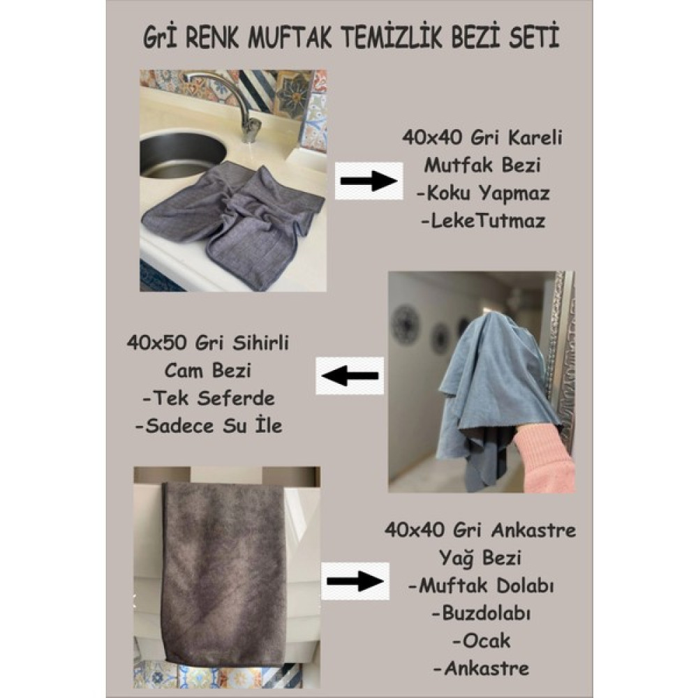 Manosta Missclean Gri Mutfak Temizlik Bezi 3'lü Set - Kareli Mutfak Bezi-Sihirli Cam Bezi- Ankastre Yağ Bezi Temizlik Malzemeleri Fiyatı