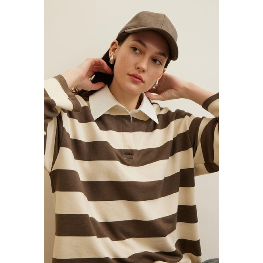 Manuka Andy Yakalı Çizgili Sweatshirt Vizon Bayan Sweatshirt Fiyatı