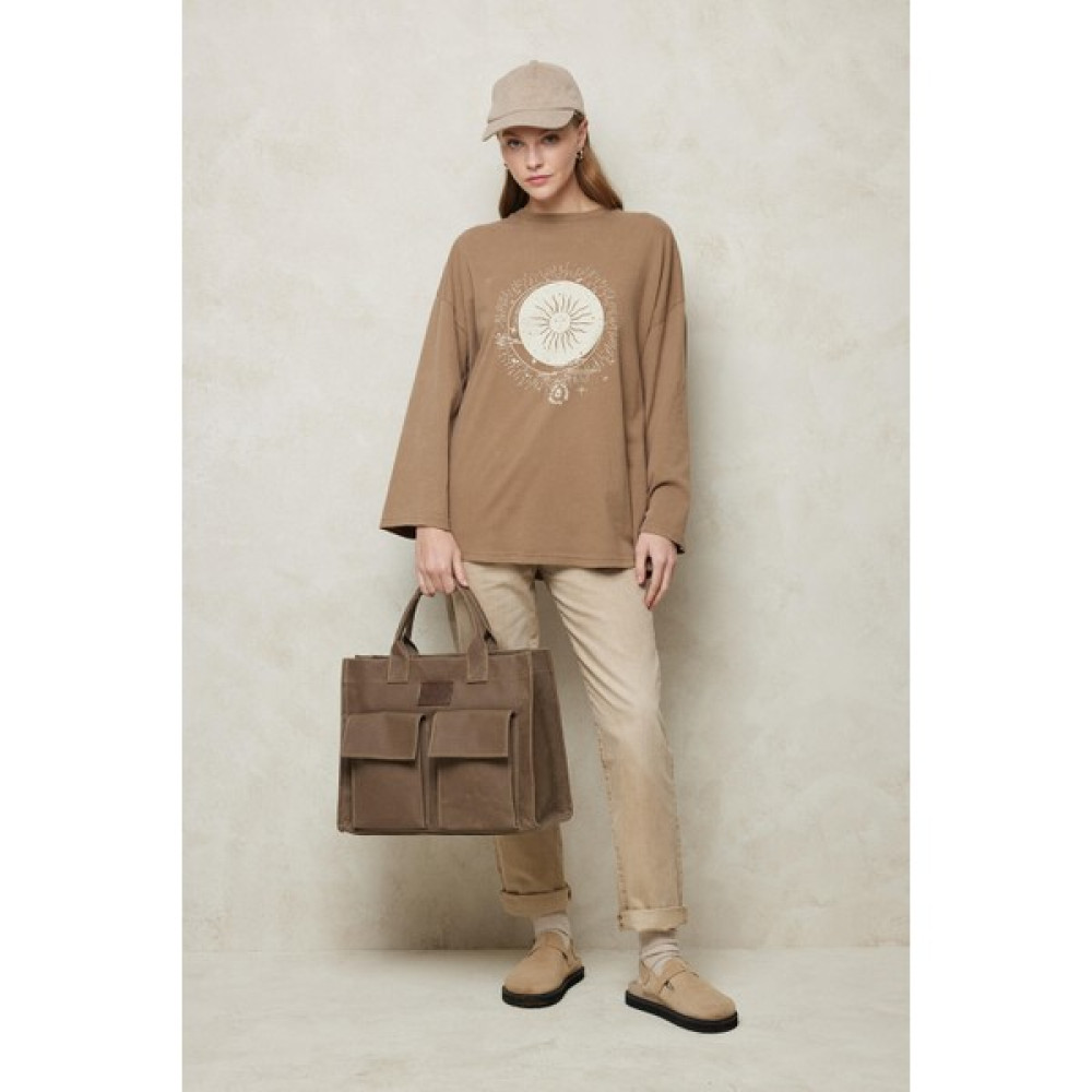 Manuka Baskılı Oversıze Sweatshırt Kahverengi Bayan Sweatshirt Fiyatı