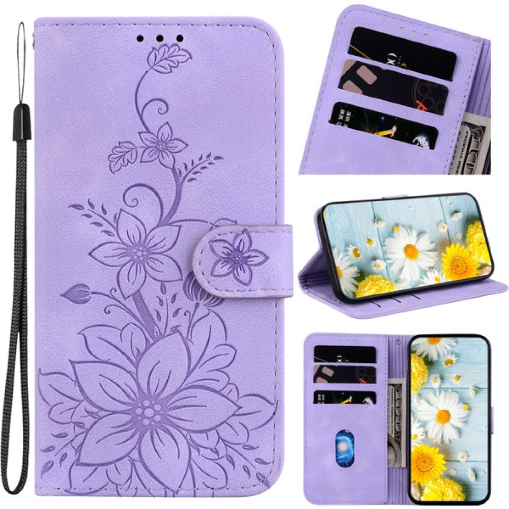 Manyi Boutique Samsung Galaxy S23 Fe 5g Kabartmalı Lily Cüzdan Kılıfı ile Uyumlu, Kart Tutuculu Pu Deri Kapaklı (Yurt Dışından) - Mor Cep Telefonu Kılıfı Fiyatı