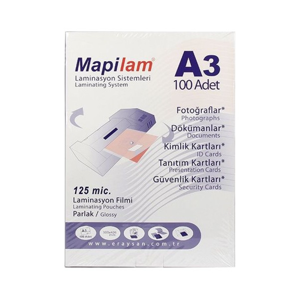 Mapilam Mapilam 125 Micron A3 303X426 Mm Parlak Laminasyon Filmi 100'Lü Laminasyon Sistemi Fiyatı