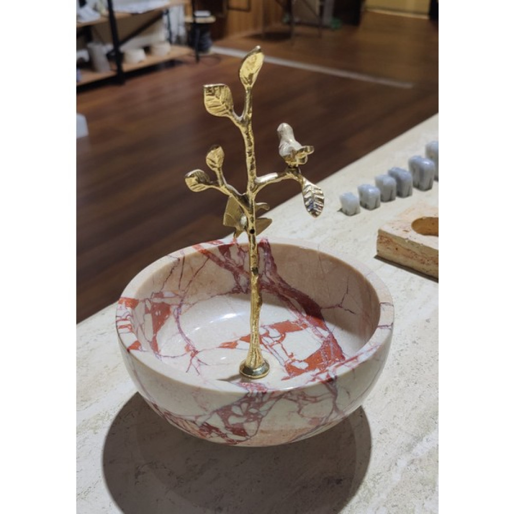 Marble Center Mermer Şekerlik 15CM Doğaltaş Ayaklı Bej-Kırmızı Sunumluk Kase Fiyatı