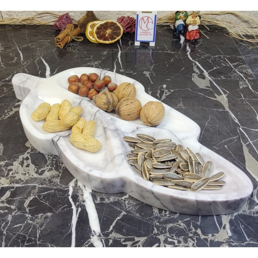 Marble Center Mermer Yaprak Desenli 3 Bölmeli Sunumluk Kuruyemişlik Çerezlik Büyük Boy Servis Tabağı Mutfak Gereçleri Fiyatı