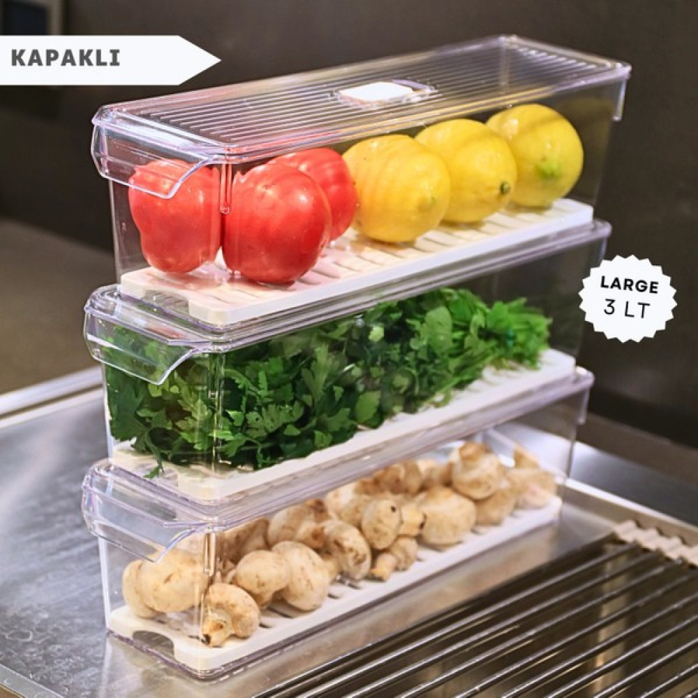 Marcie's 3'lü Large Buzdolabı Organizeri Kapaklı Süzgeçli 3lt Dolap Içi Düzenleyici Set Saklama Kapları Fiyatı