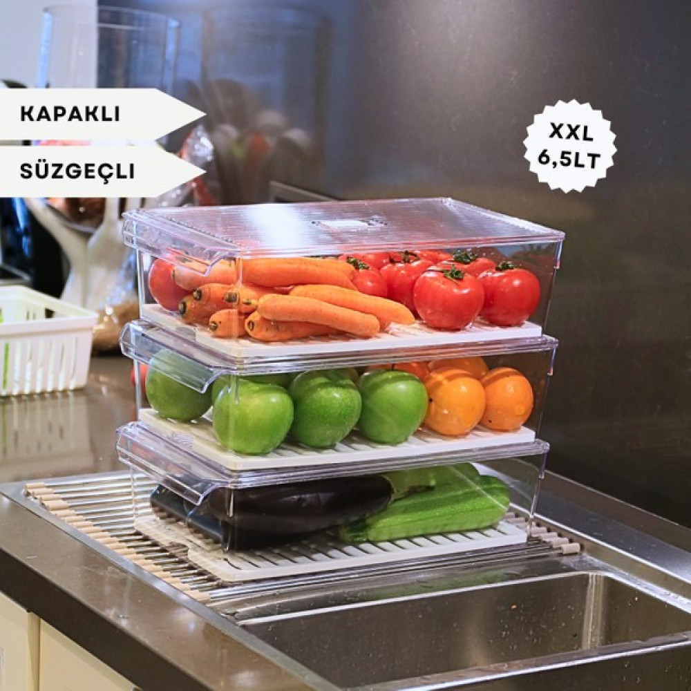 Marcie's 3'lü Xxl Buzdolabı Organizeri Kapaklı Süzgeçli 6.5lt Dolap Düzenleyici Set Saklama Kapları Fiyatı