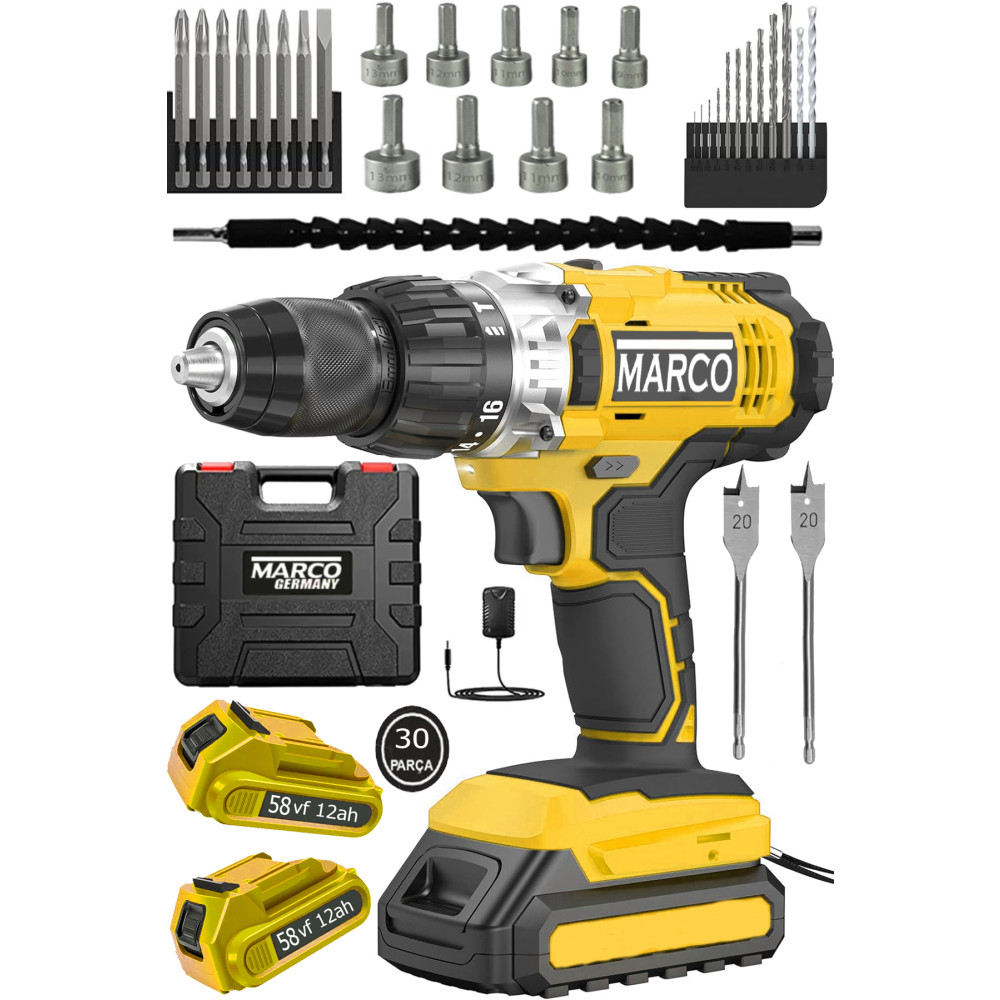 MARCO LİFE Alman 128vf 12ah 30 Parça Set 13mm Çelik Mandren 2 Akülü Darbeli Şarjlı Vidalama Matkap Akülü Vidalama Makinesi Fiyatı
