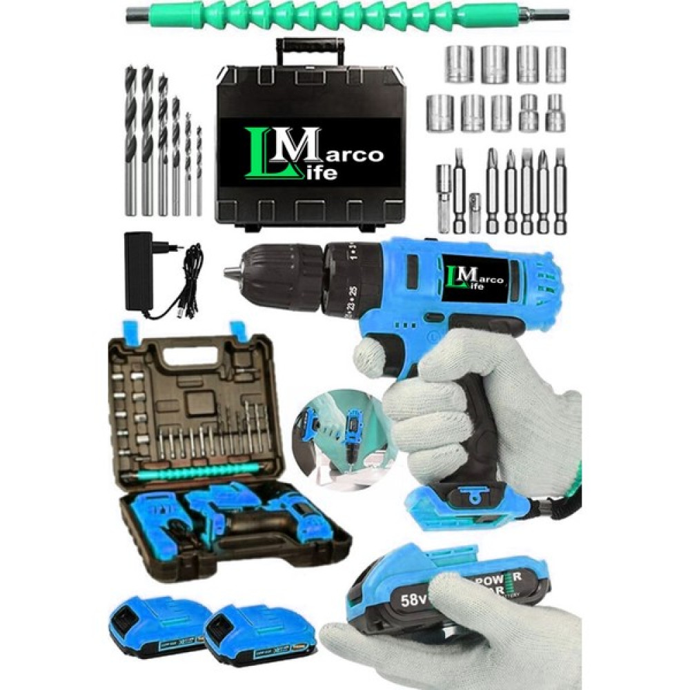 Marco Life Alman Teknoloji 58V 10AH Bakır Sargı Metal Şanzıman Çift Akülü Şarjlı Vidalama Matkap 27PCS Oto Boyaları Fiyatı