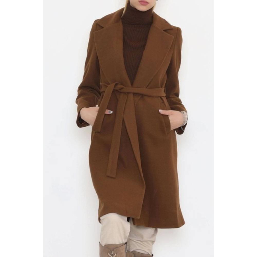 Maren Butik Kuşaklı Kaşe Kaban Acıkahve - 3043.1322. Kadın Kaban Fiyatı