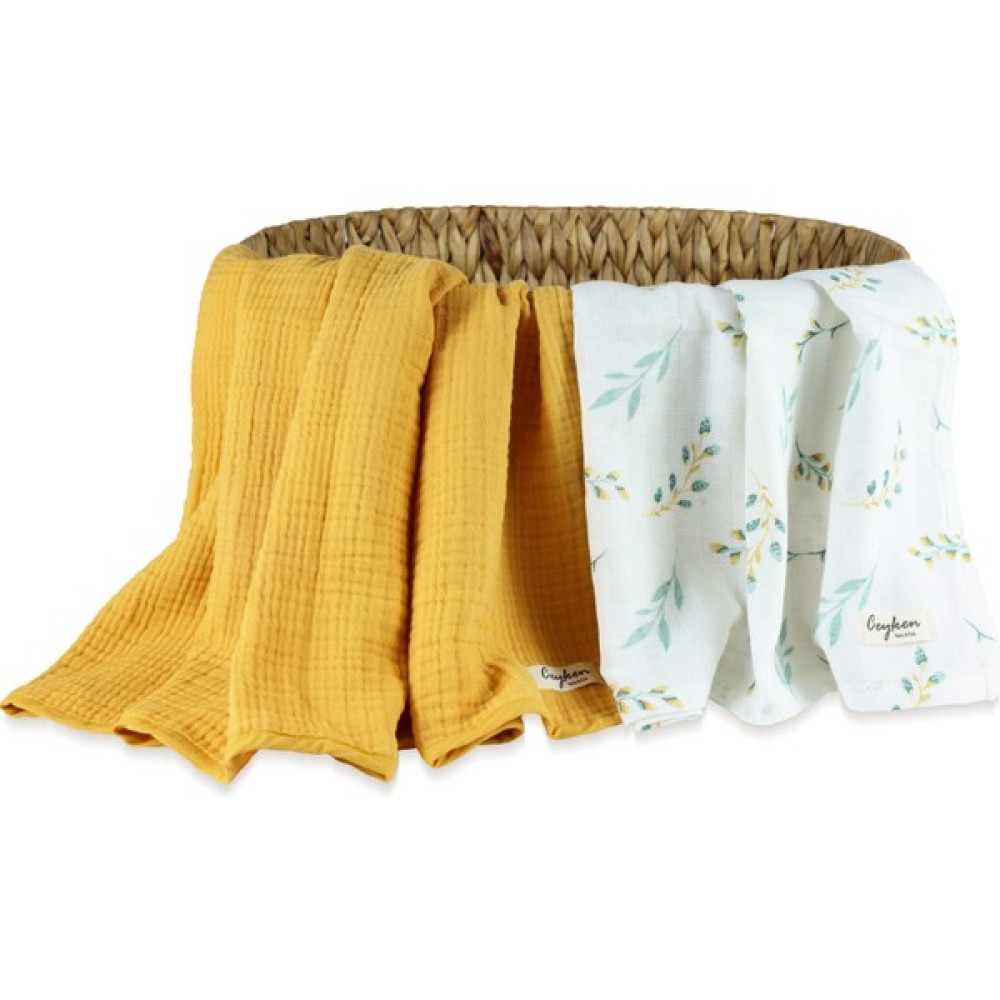 Marf Life 2'li Set/hardal Sarısı 4 Kat Müslin Battaniye (110 x 110) ve Yaprak Desenli Müslin Örtü (110 x 110) - Hardal Bebek Battaniyesi Fiyatı