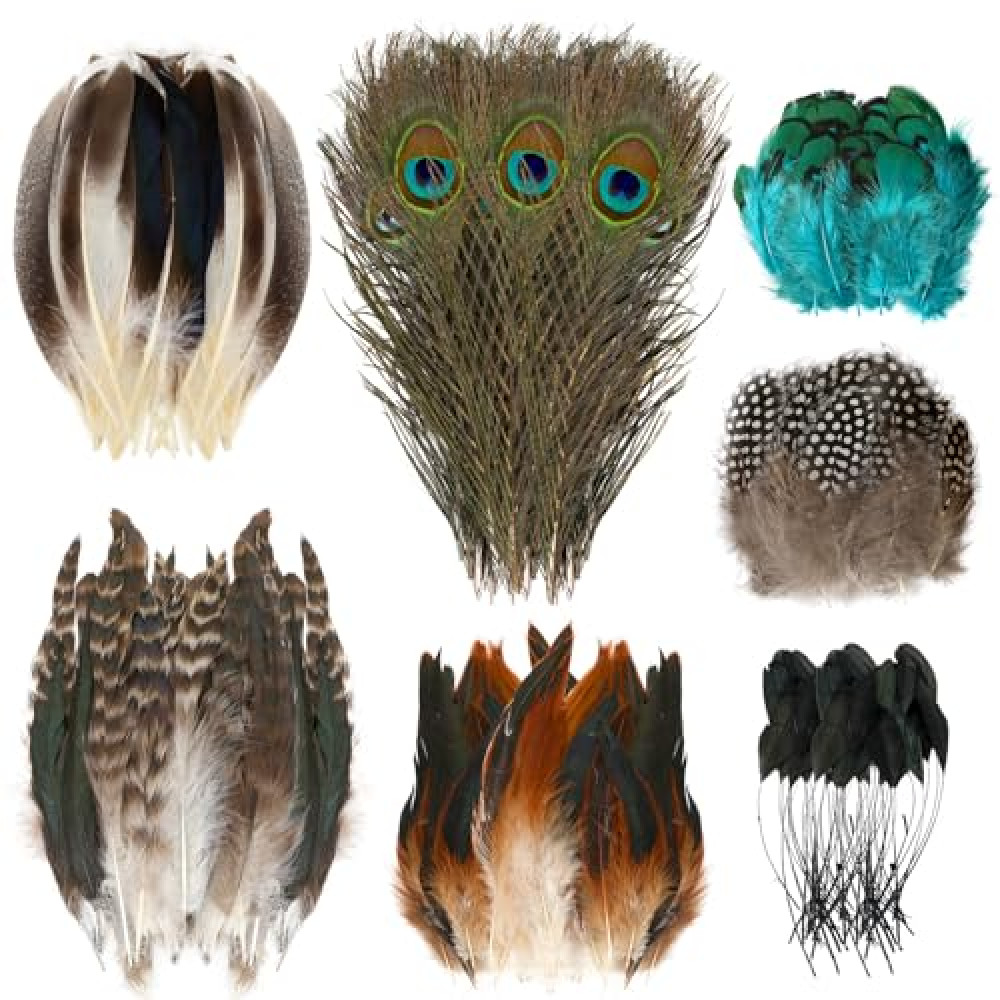 MARFOREVER 100 Pcs Natural Pheasant Feathers, 7 Styles Bulk Feathers Peacock Feathers Turkey Feathers for Crafts DIY Hat Floral Arrangements Wing Quill Wedding Home Party Decorations