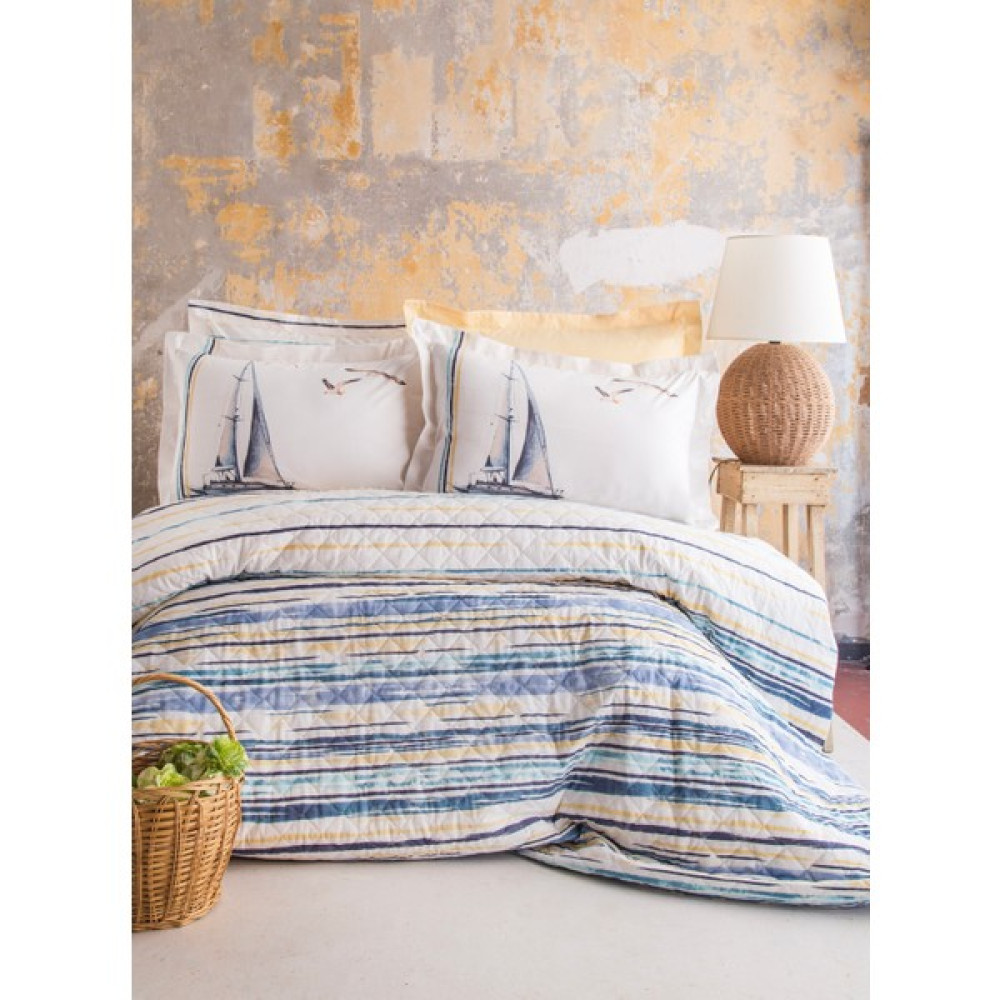 Marinero Çift Kişilik %100 Pamuk Kapitoneli Dört Mevsim Nevresim Takımı Complete Set - 220 x 230 cm - Mavi - Beyaz Nevresim Takımı Fiyatı
