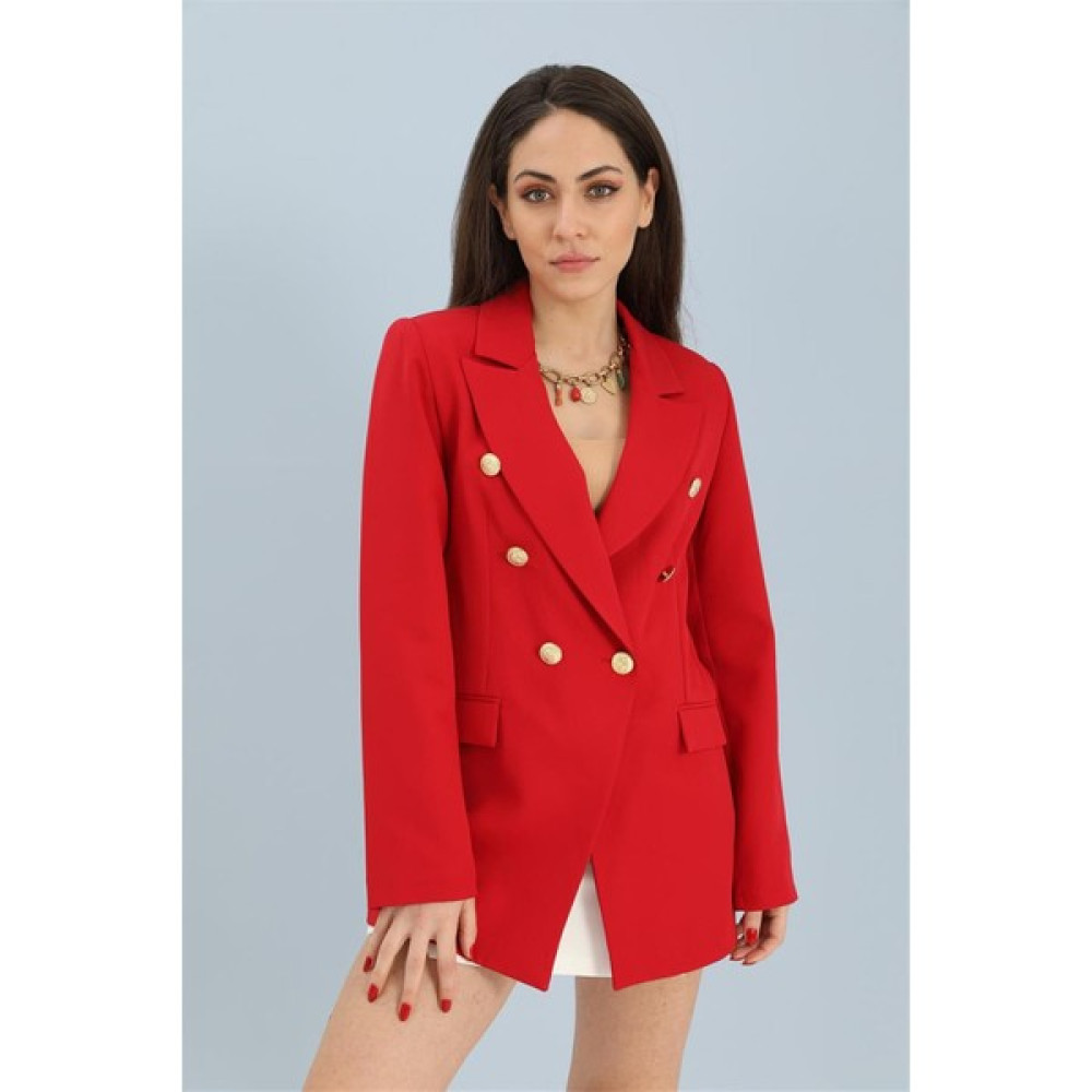 Marissa Butik Blazer Fleto Cepli Atlas Kumaş Ceket - Kırmızı Bayan Ceket Fiyatı