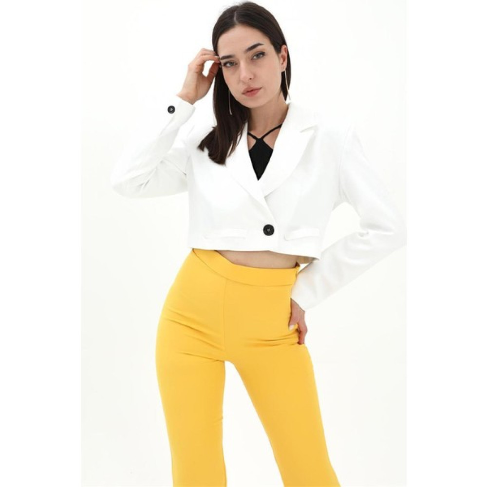 Marissa Butik Çift Peto Cepli Kısa Crop Blazer Ceket - Ekru Bayan Ceket Fiyatı