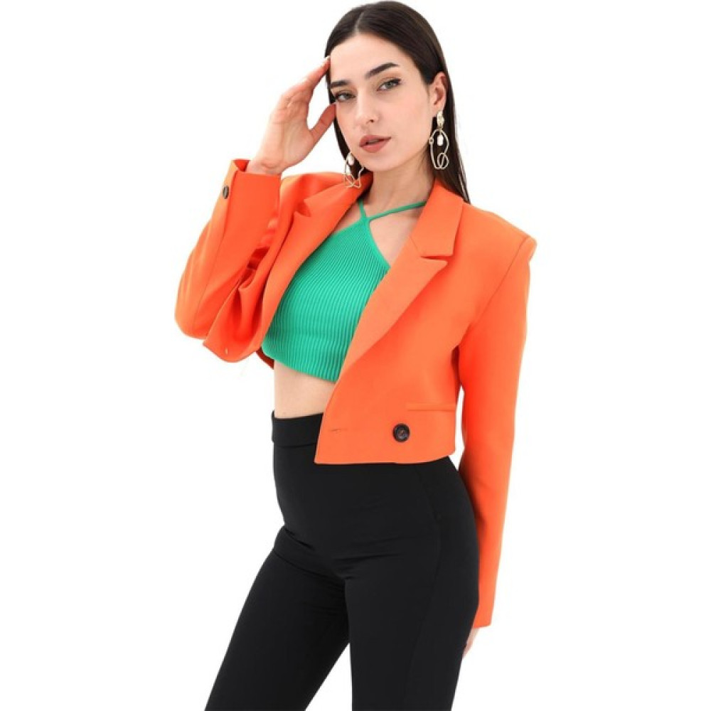 Marissa Butik Çift Peto Cepli Kısa Crop Blazer Ceket - Turuncu Bayan Ceket Fiyatı