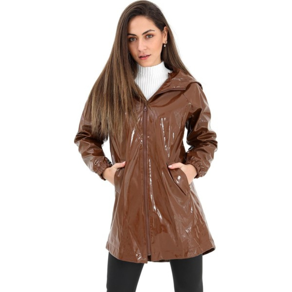 Marissa Butik Kapüşonlu Fermuarlı Rugan Yağmurluk Taba Kadın Trençkot Fiyatı
