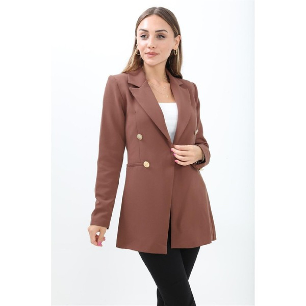Marissa Butik Omuzları Vatkalı Önü Çıtçıtlı Atlas Kumaş Kadın Blazer Ceket - Kahve Bayan Ceket Fiyatı
