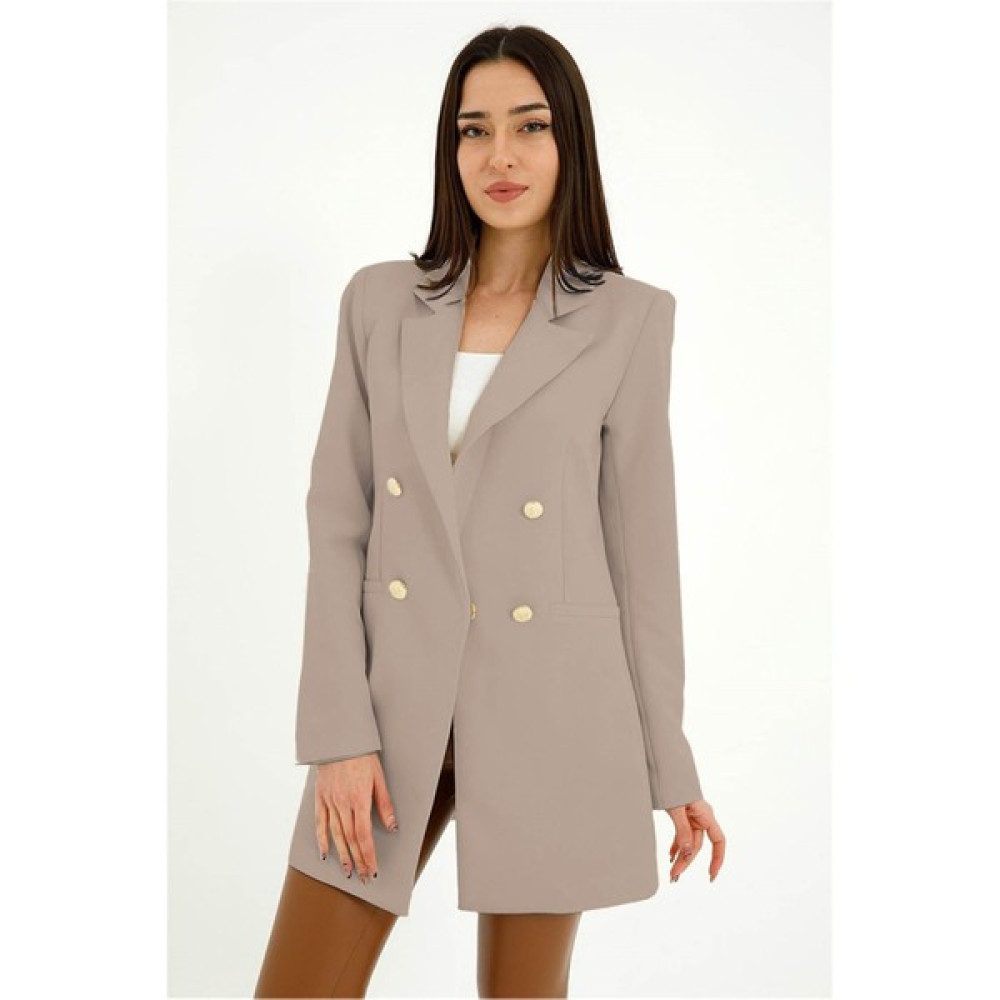 Marissa Butik Omuzları Vatkalı Önü Çıtçıtlı Atlas Kumaş Kadın Blazer Ceket - Vizon Bayan Ceket Fiyatı