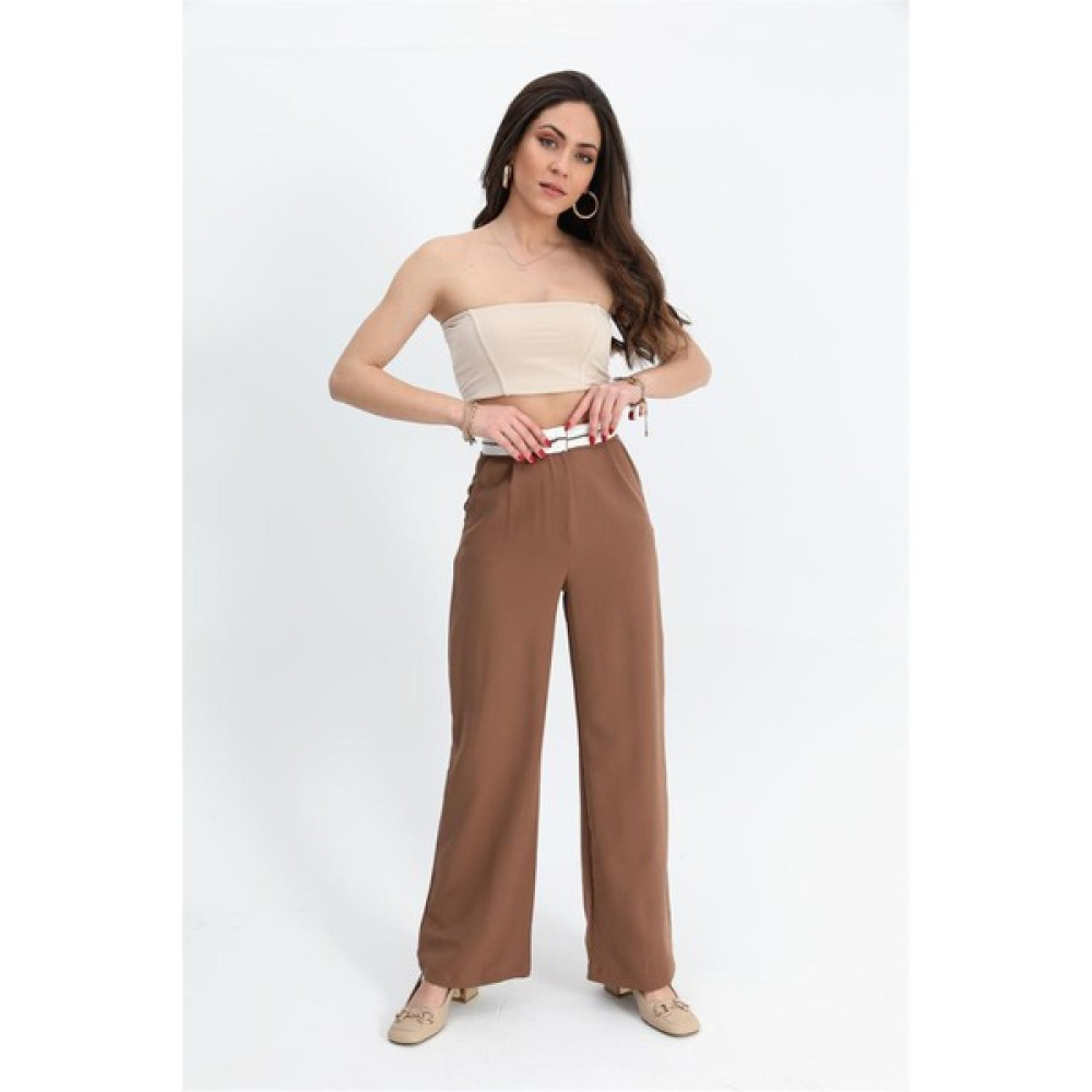Marissa Butik Pantolon Palazzo Garni Kemerli Atlas Kumaş - Taba Kadın Pantolon Fiyatı