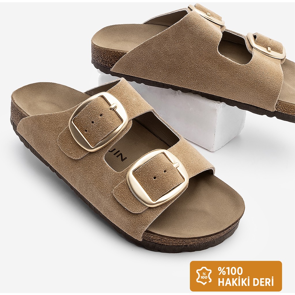Marjin Kadın Hakiki Deri Günlük Terlik Çift Bantlı Terlik Eva Taban Poli Camel 36 Beden" Unisex Sandalet Fiyatı
