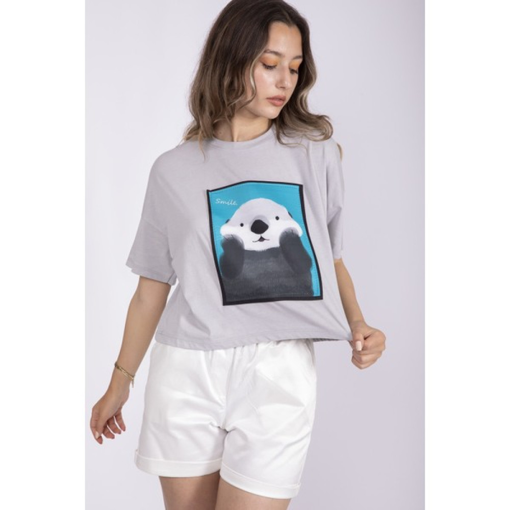Mark Jovia Panda Baskılı Tişört Gri Bayan T-shirt Fiyatı