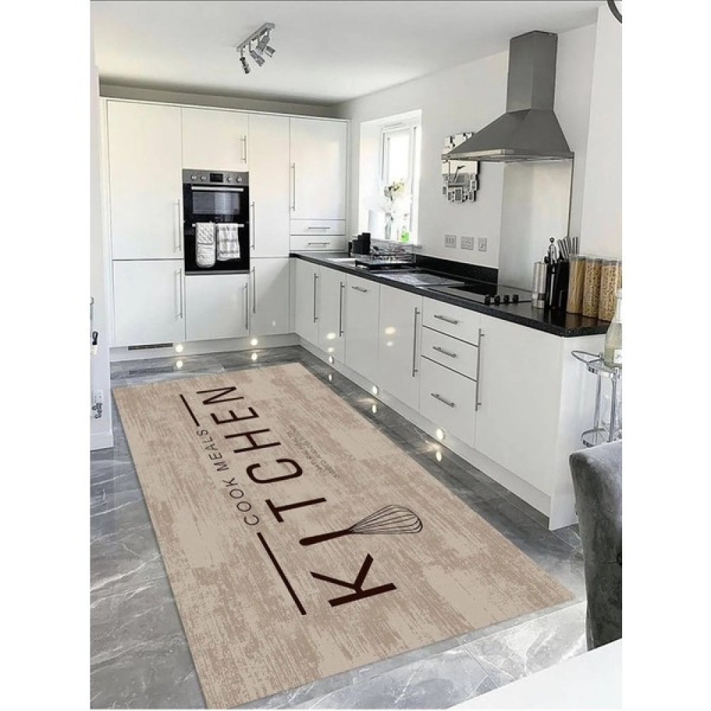 Marka Halı  Dijital Baskılı Kaymaz Taban Yıkanabilir Kitchen Desenli Mutfak Halısı - ​80 x 150 cm - Kahverengi Salon Halısı Fiyatı