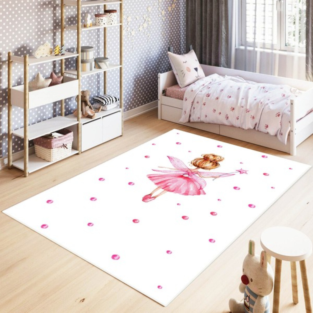 Marka Halı Dijital Baskılı Kaymaz Taban Yıkanabilir Perili Melek Kanatlı Kız Çocuk Odası Halısı - Beyaz - ​80 x 150 cm Bebek Odası Halı Fiyatı