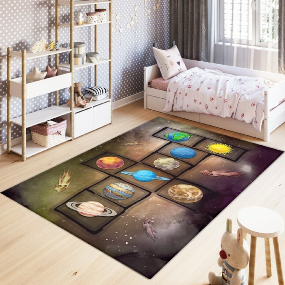 Marka Halı Dijital Baskılı Kaymaz Taban Yıkanabilir Uzaylı Gezegenli Seksek Çocuk Odası Halısı - Kahverengi - 100 x 160 cm Bebek Odası Halı Fiyatı