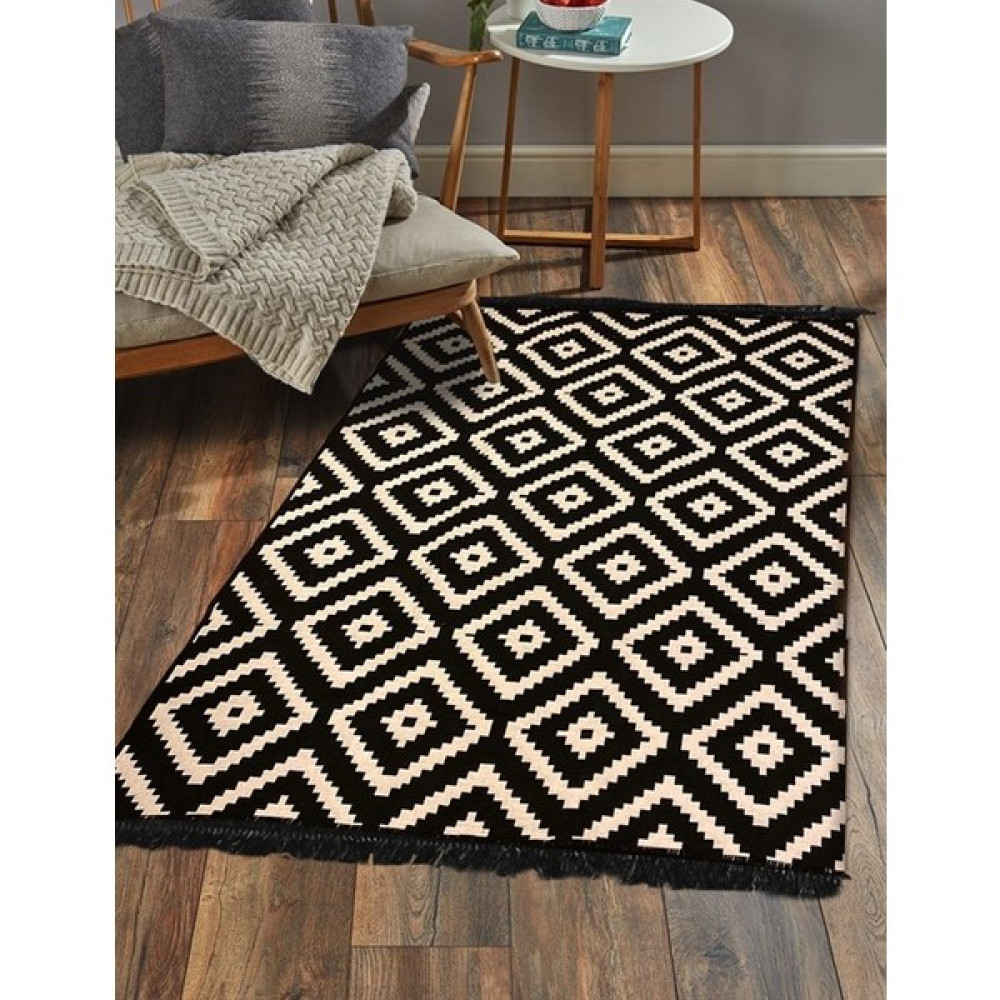 Markaev Cotton Siyah-Beyaz Çift Taraflı Kilim 02 60 x 120 cm - Siyah - Beyaz Kilim Fiyatı