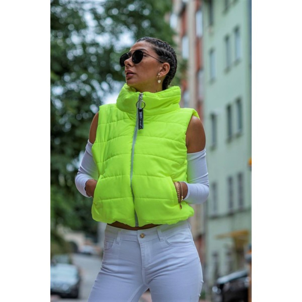 Markano Neon Yeşil Dik Yaka Beli Lastikli Cepli Kısa Şişme Yelek Kadın Yelek Fiyatı