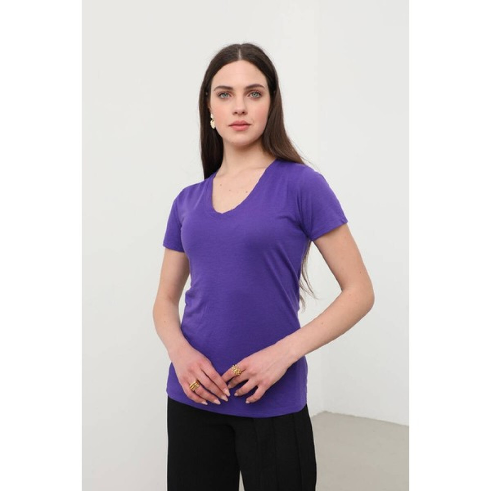 Markapia Woman Kadın V Yaka Basic T-Shirt Mor Bayan T-shirt Fiyatı
