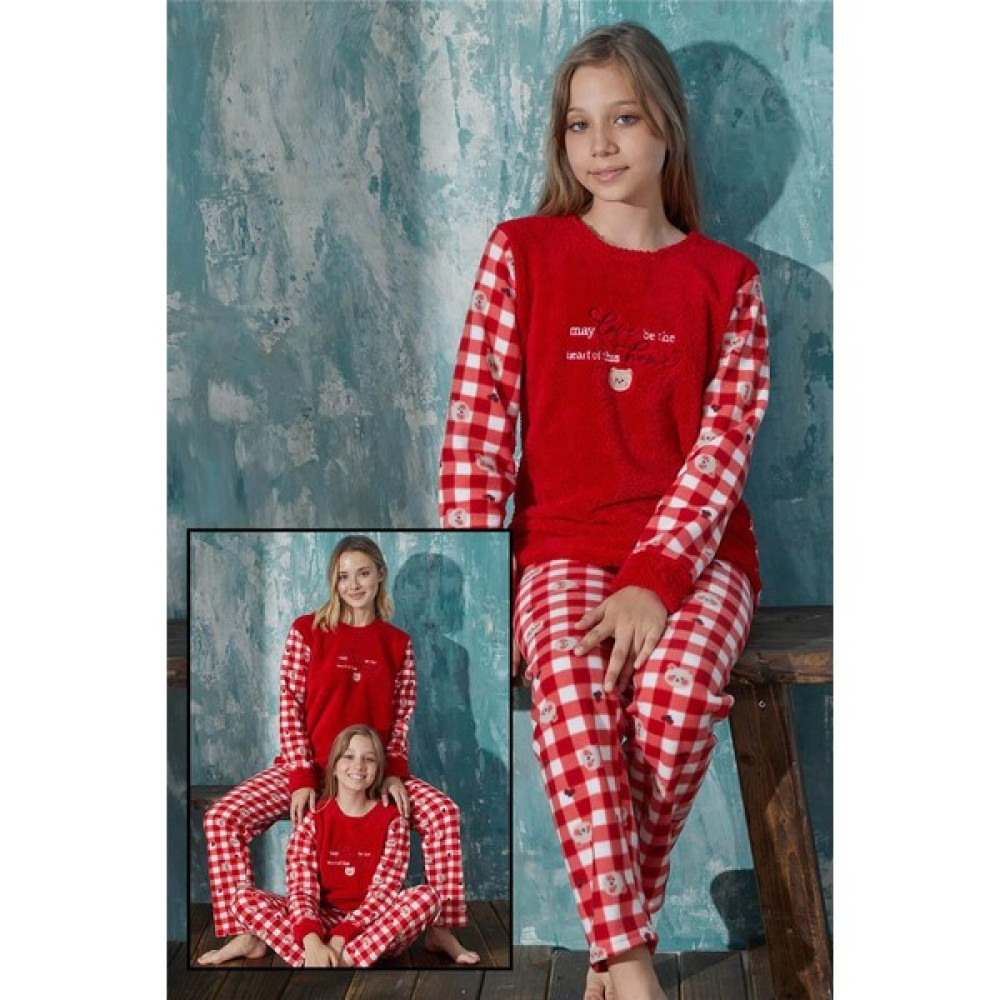 Markasel Kırmızı Home Peluş Anne Kız Aile Pijaması - Kız Çocuk Takımı Kız Çocuk Pijama Fiyatı