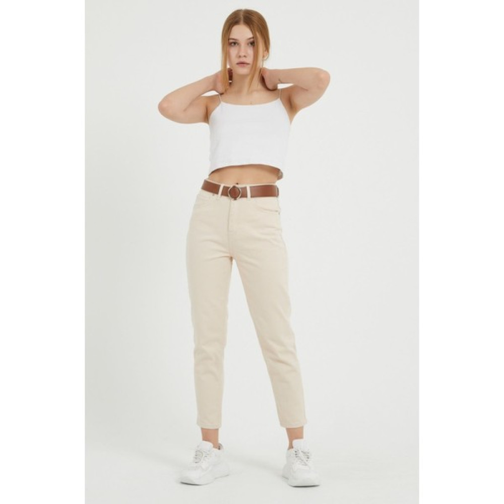 Marketunga Kemerli Mom Jeans Bej Kadın Pantolon Fiyatı