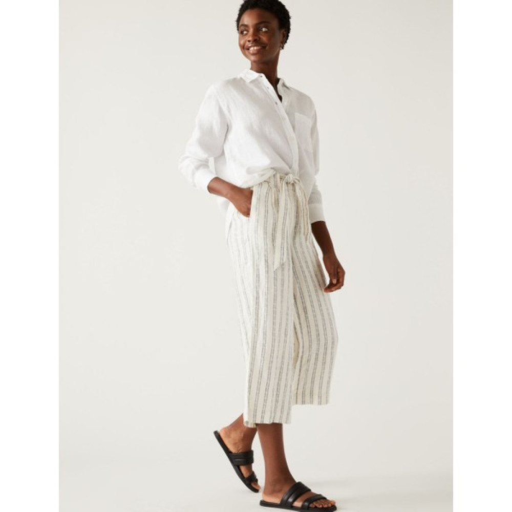 Marks & Spencer Wide Leg Çizgili Keten Crop Pantolon Kadın Pantolon Fiyatı