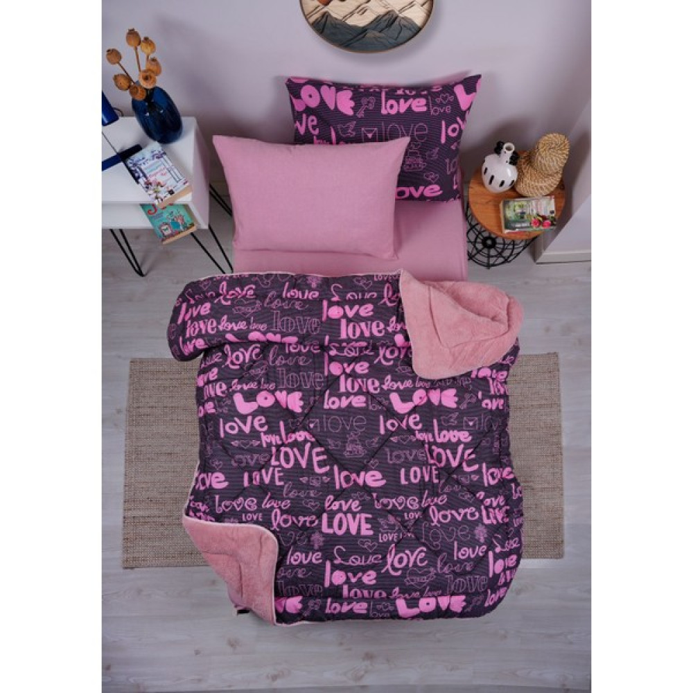 Marla Home Premium Welsoft Pamuklu Love Desen Çift Taraflı Pofuduk Tek Kişilik Uyku Seti - Pembe Diğer Fiyatı