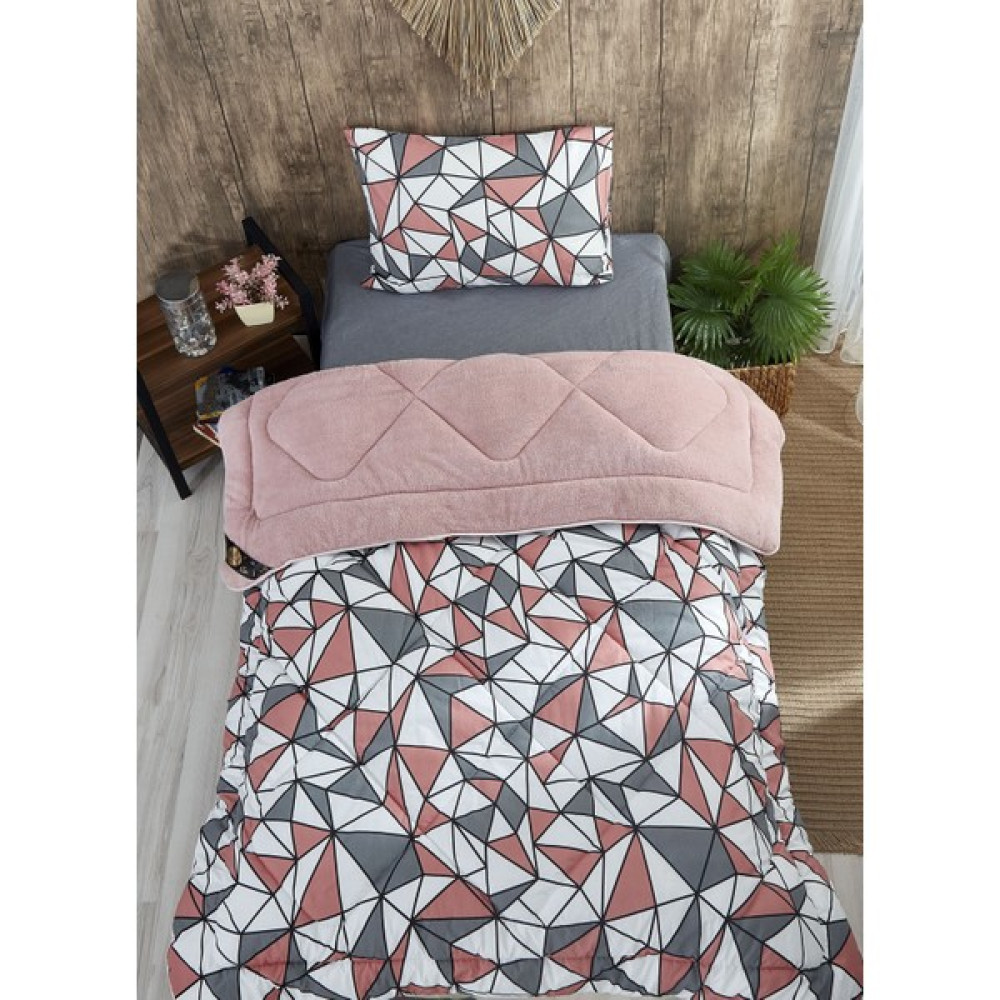 Marla Home Tek Kişilik Welsoft Geometrik Desenli Çift Taraflı Yorgan Seti - 155 x 195 cm - Pembe Yorgan Fiyatı