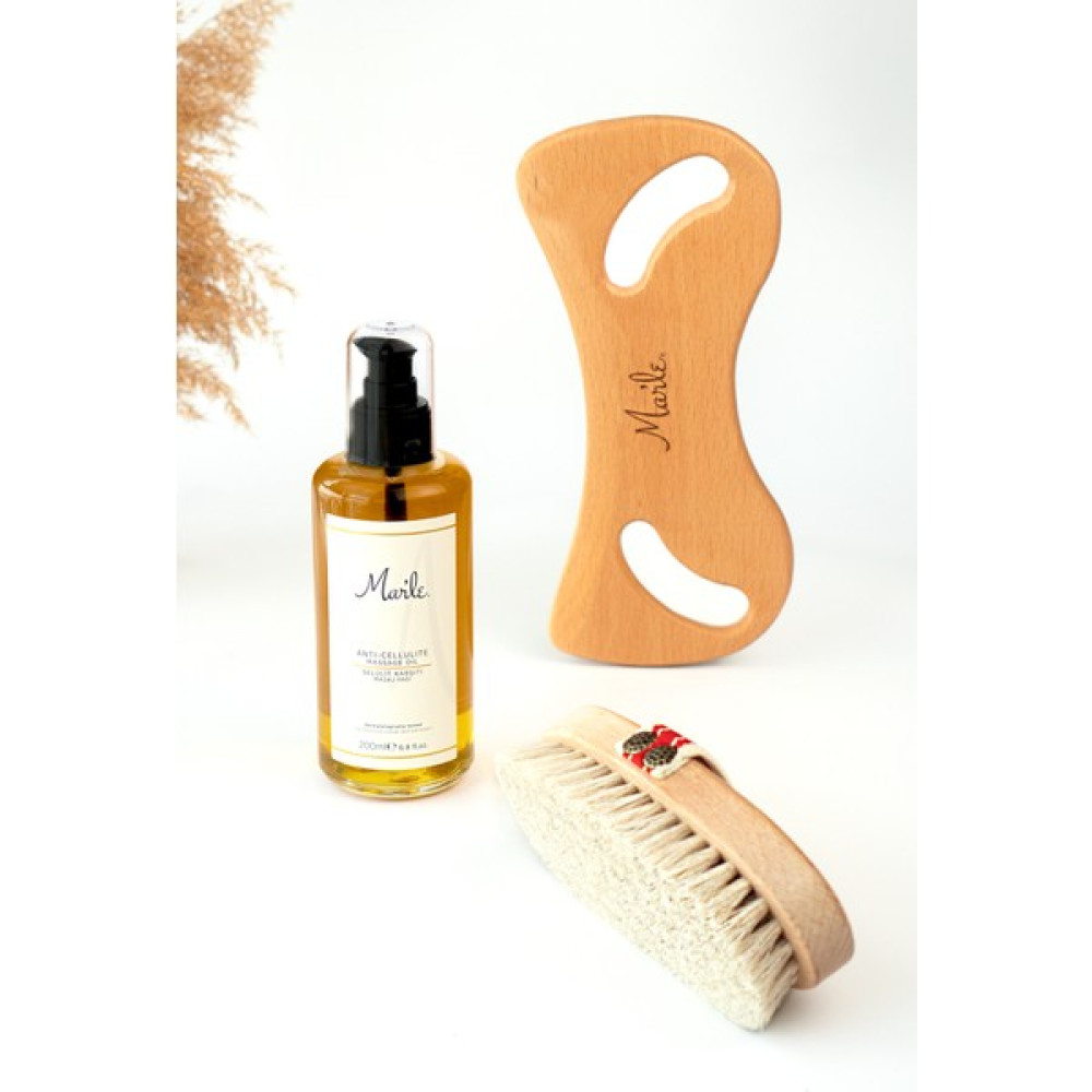 Marle %100 Doğal At Kılı Fırçası + Selülit Karşıtı Masaj Yağı 200 ml + Ahşap Masaj Aleti 3’lü Bakım Seti Vücut Sıkılaştırıcı ve İncelticiler Fiyatı
