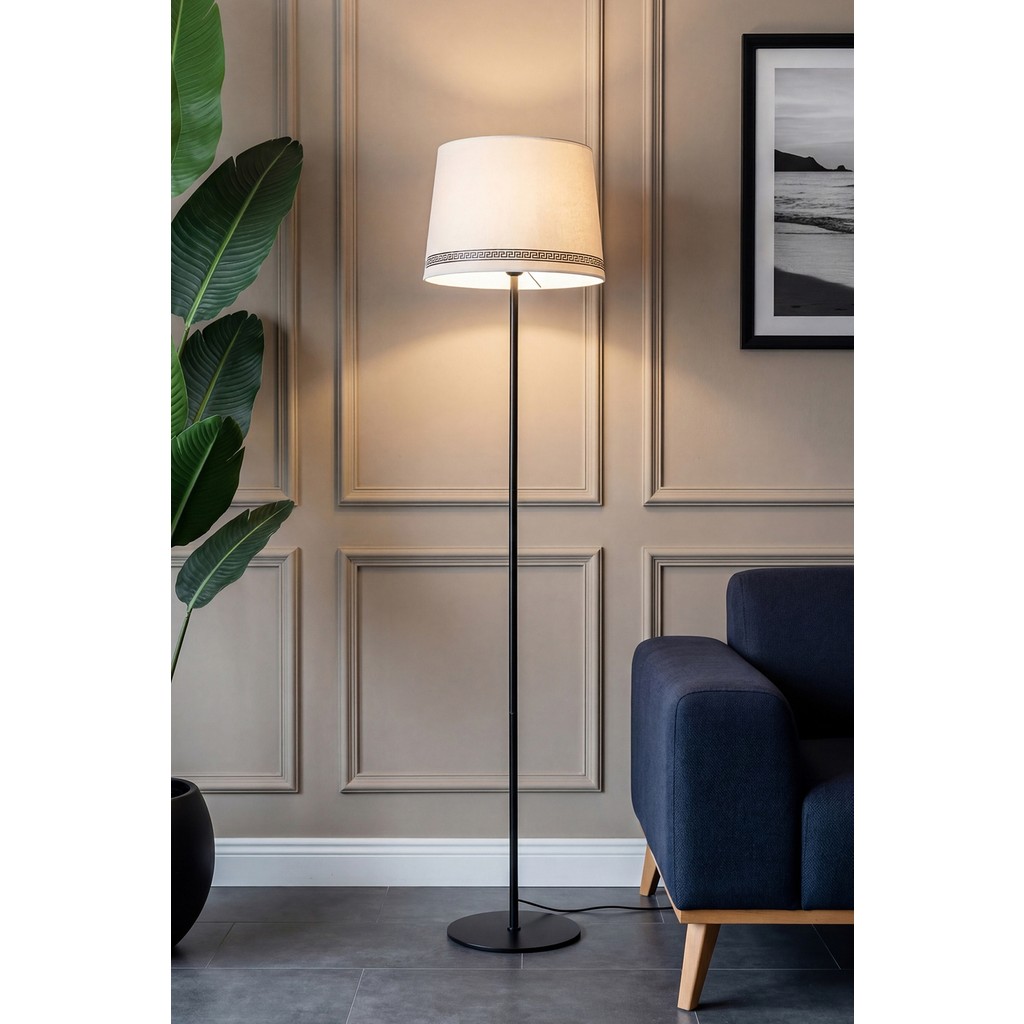 Marrien Cora Siyah Metal Tek Ayaklı Lambader - Luxury Desenli Başlık 145cm Modern Salon ve Köşe Aydınlatması Lambader Fiyatı