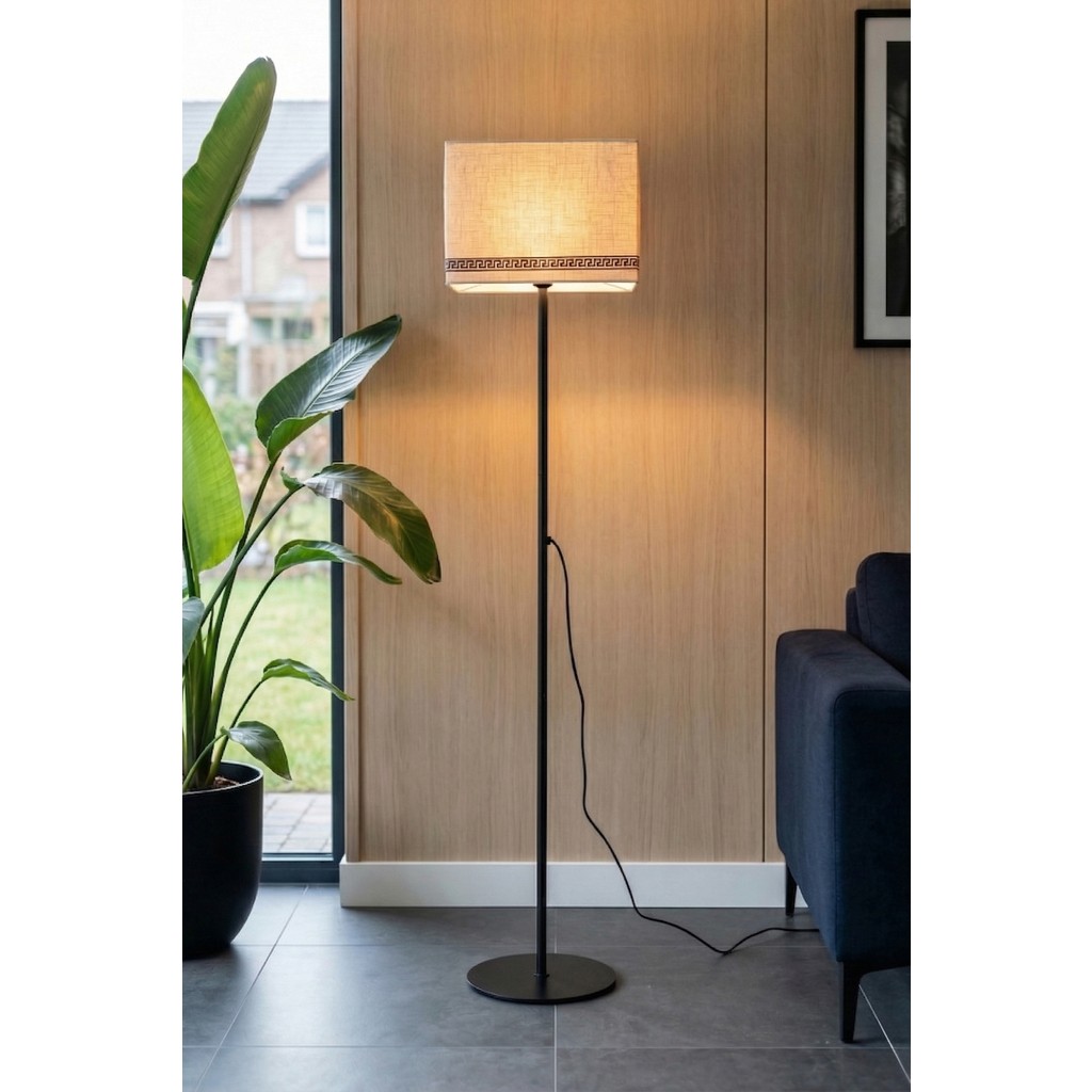 Marrien Corner Siyah Dikdörtgen Başlıklı Lambader - 145 cm Tek Ayaklı Luxury Desenli Metal Köşe Lambası Lambader Fiyatı