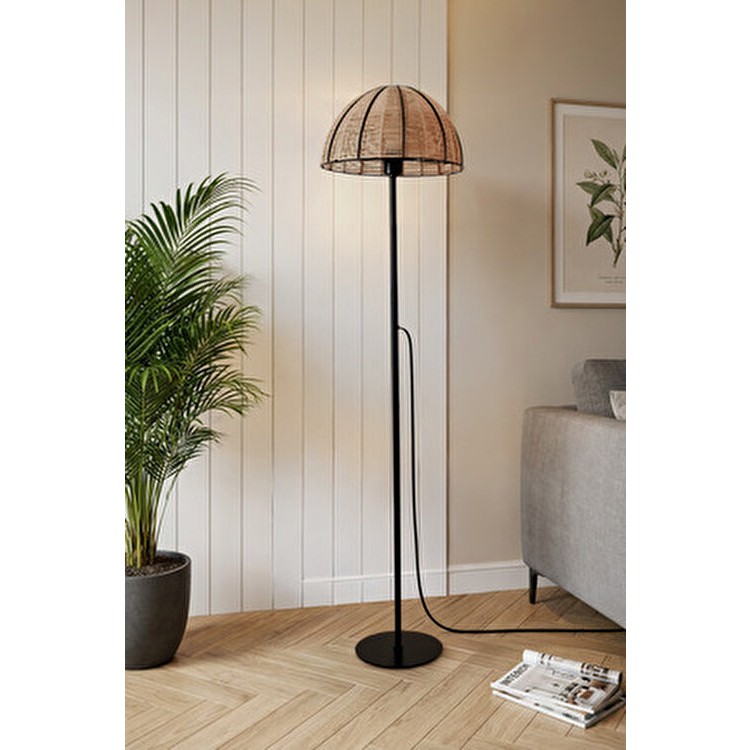 Marrien Linea Siyah Metal Ayaklı Doğal İp Başlıklı Lambader - 35cm Geniş Başlık Bohem Salon Lambası - Bej Lambader Fiyatı