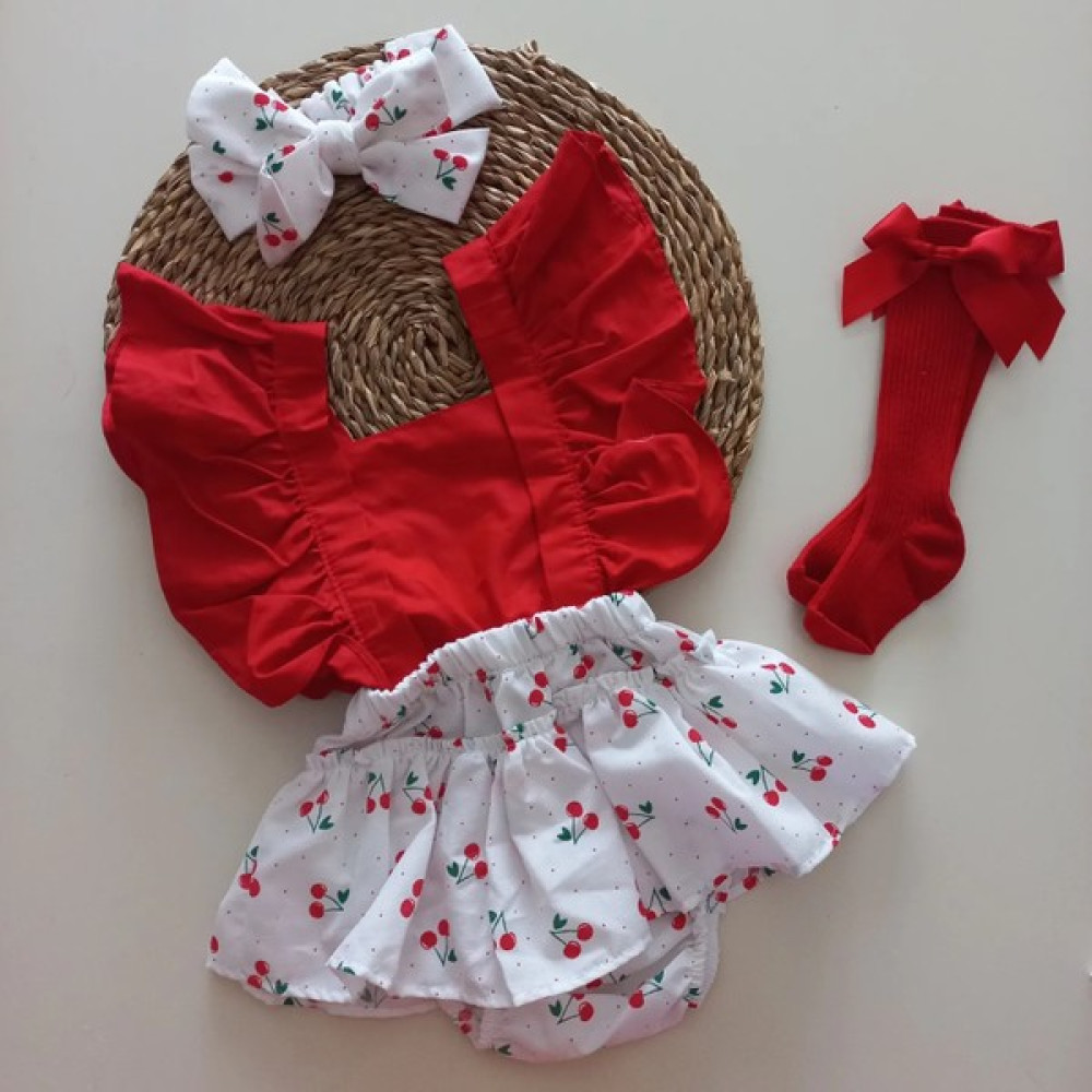 Mars Baby Kız Bebek Kırmızı Kiraz Desenli Fırfırlı Salopet Bandana Fiyonklu Çorap Takım Bebek Elbisesi Fiyatı
