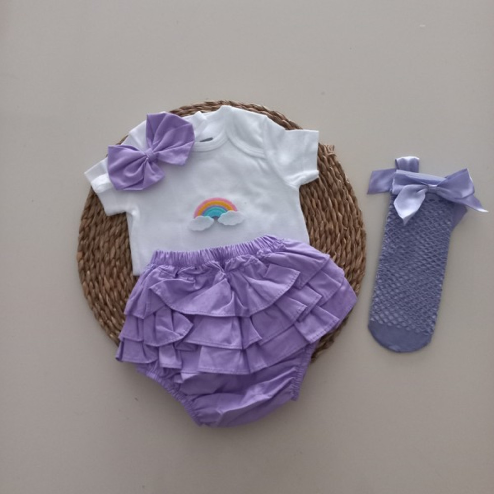 Mars Baby Kız Bebek Lila Gökkuşağı Fırfır Şort Etek Bodyli Lila File Takımı Bebek Giysi Takım Fiyatı