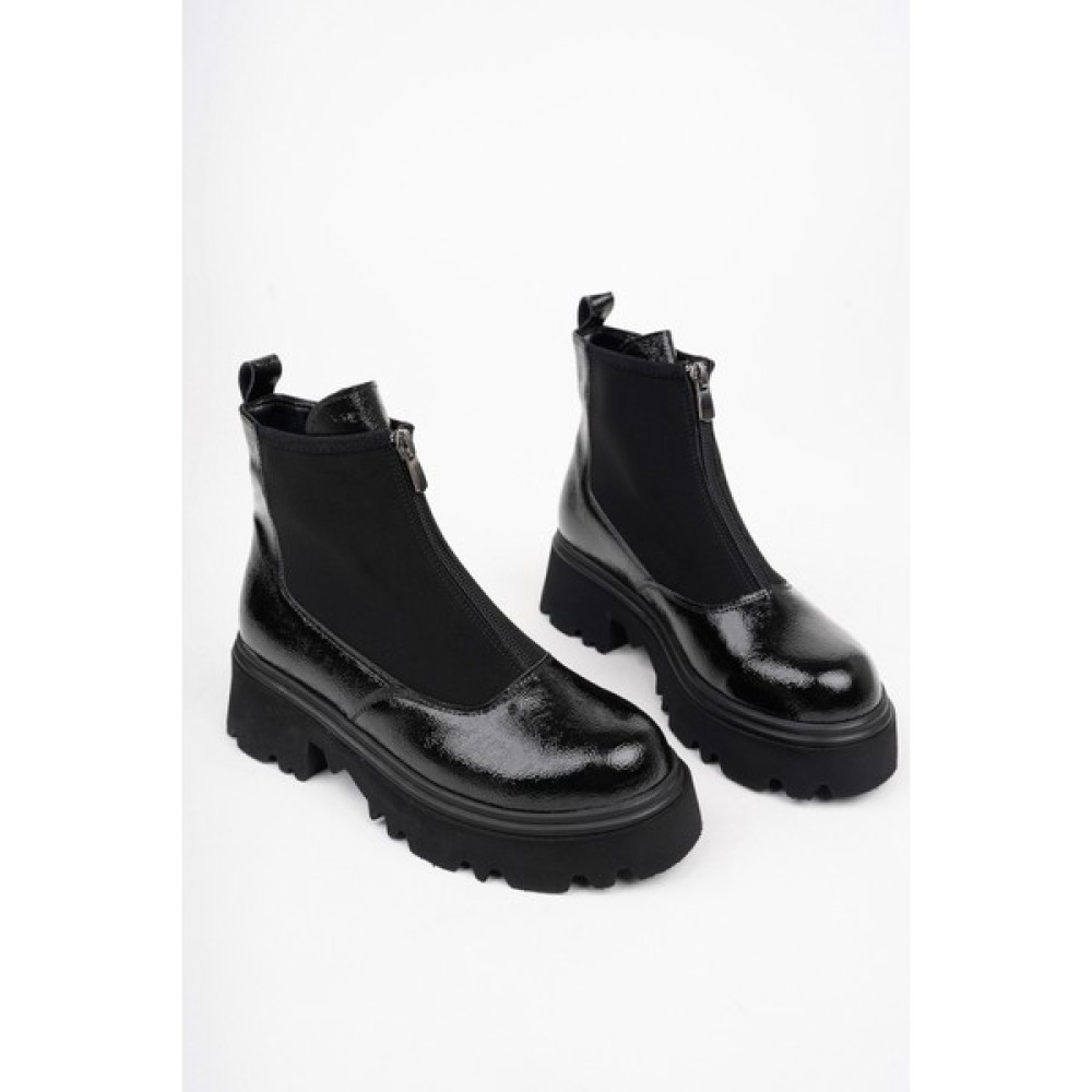 Marshetta Shoes Isabel Model Siyah Kırık Rugan Kalın Tabanlı Önden Fermuarlı Kadın Bot Kadın Botları Fiyatı