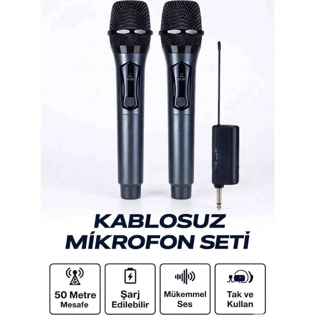 Marsilyan Profesyonel Çiftli Kablosuz Mikrofon Seti Karaoke Şarj Edilebilir 50 Metre - Renkli - 1 Stüdyo Mikrofonu Fiyatı