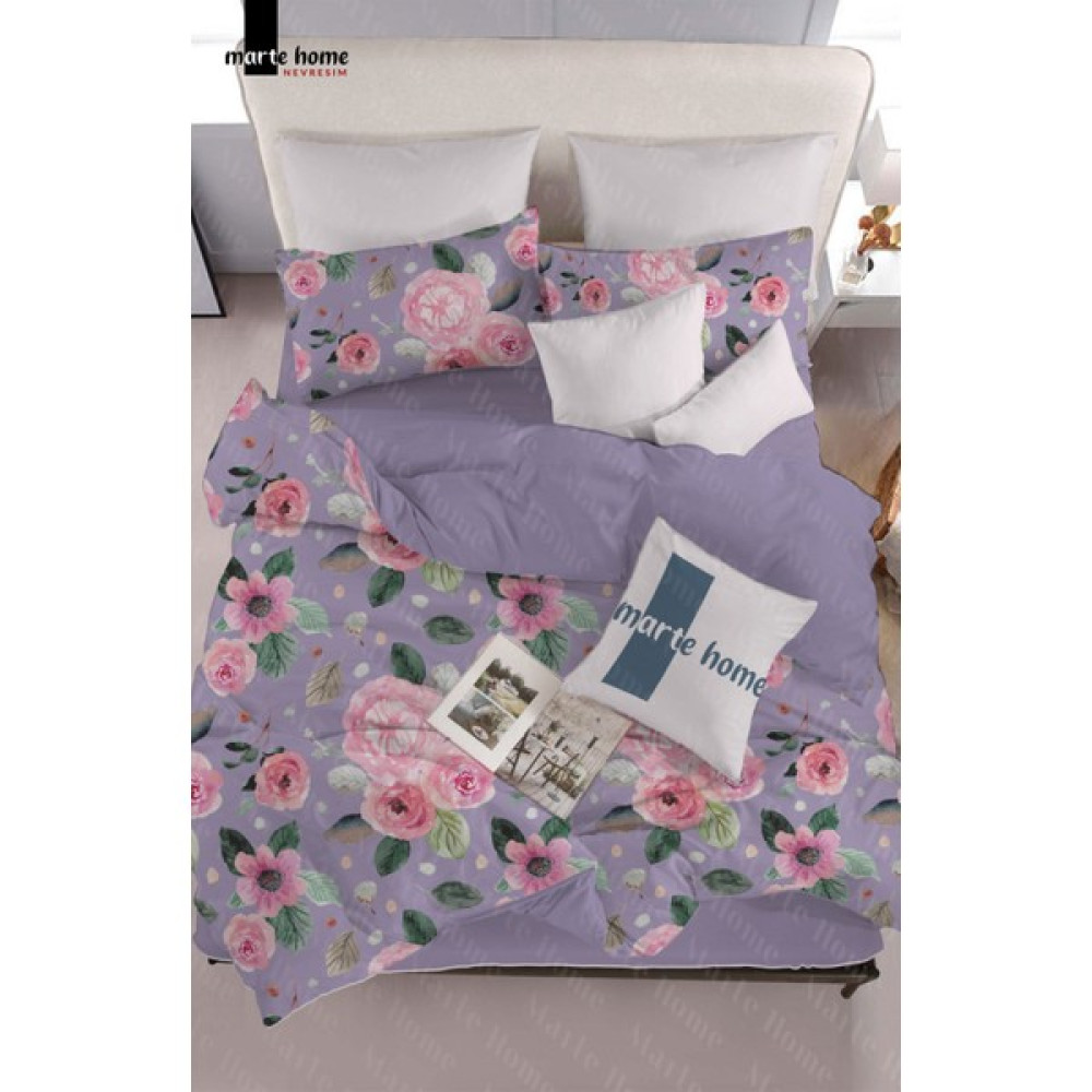 Marte Home Çiçek Desenli Çift Taraflı Çift Kişilik Nevresim Takımı - Mor - 220 x 240 cm Diğer Fiyatı