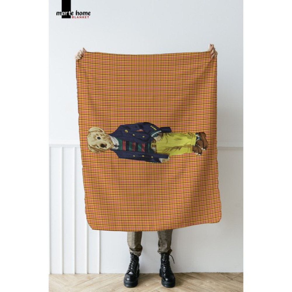 Marte Home Ekose Teddy Bear Desenli Tek Taraf Baskılı 100X170 cm Polar Tv Battaniyesi - Turuncu - 100 x 170 cm Battaniye Fiyatı