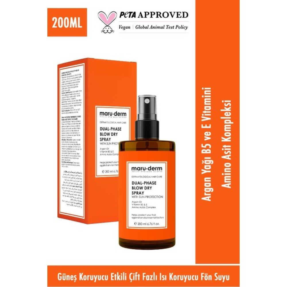 Maru.Derm Çift Fazlı Isı Koruyucu Güneş Koruyucu Etkili Fön Suyu 200 ml | Tüm Saç Tipleri | Vegan Saç Şekillendirici Sprey Fiyatı