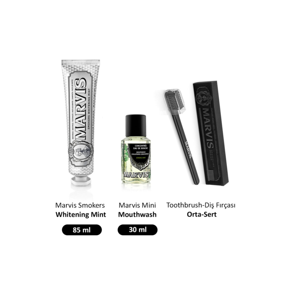 Marvis Smokers Whitening Mint Diş Macunu 85 Ml + Diş Fırçası Medium + Konsantre 30 Ml Gargara Diş Macunları Fiyatı