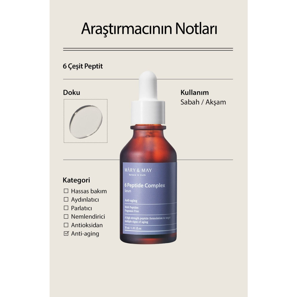 Mary & May Peptide Serum 6 Çeşit Peptid içeren Elastikiyet Kaybı Ve Yaşlanma Karşıtı Anti Aging Serum 30 ml Cilt ve Yüz Bakımı Fiyatı